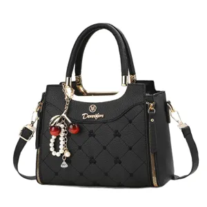 Elegant black women handbag with pearl cherry charm stylish tote shoulder crossbody bag.