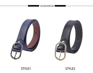 Gedetailleerd overzicht van de dames lederen riem met elegante ovale uitgesneden gesp.