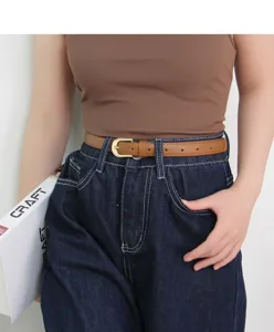 Ceinture fine en cuir marron pour femme boucle dorée décontractée pour jean pantalon