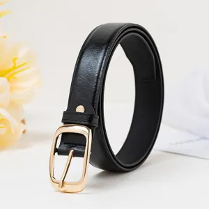 Elegant black women's leather belt featuring a polished gold-toned pin buckle for daily wear.
