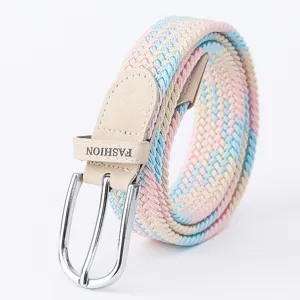 Ceinture tressée élastique pour femme couleur pastel en toile tissée avec boucle à ardillon