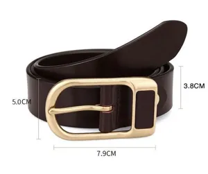 Men retro casual leather belt with gold pin buckle, detailed close-up shot showing 3.8cm width.
