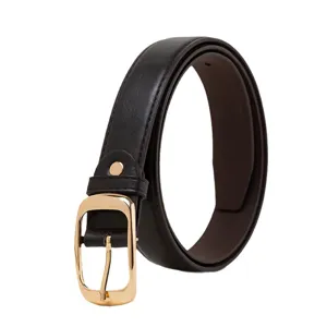 Classic women's leather belt with gold pin buckle, elegant daily waist accessory.