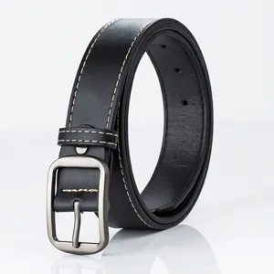 Men's casual black leather belt with metal pin buckle and stylish contrast stitching detail.