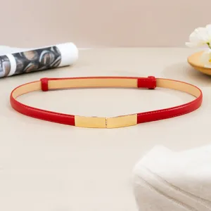 Vue détaillée de la fine ceinture rouge pour femme avec boucle dorée élégante, accessorio.