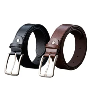 Classic men's leather belt featuring a durable metal pin buckle for stylish jeans and cargo pants.