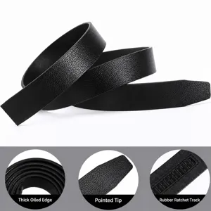 Men's black leather belt detail view showcasing thick edge and rubber slot design.
