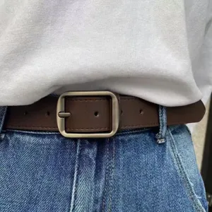 Classic dark brown leather belt with a stylish square metal pin buckle for casual daily wear.