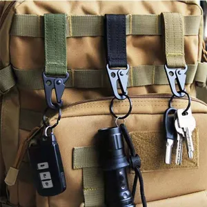Tactical MOLLE webbing keychain carabiner hook detail showing sturdy outdoor gear attachment.