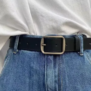 Minimalist leather belt with matte silver rectangular buckle, versatile stylish waist belt for jeans.