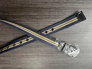 Women casual canvas belt with striped pattern metal eyelets and pin buckle detail view