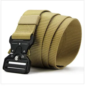 Tactical belt with metal quick-release buckle and durable nylon webbing for outdoor daily use.