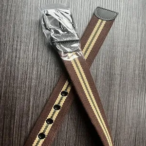 Close-up of women's brown canvas belt with stripes and pin buckle for casual daily wear.