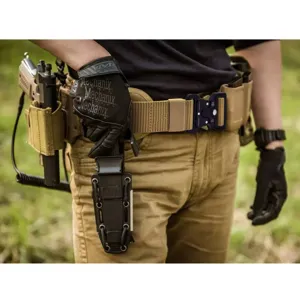 Tactical belt detail showcasing heavy-duty nylon webbing and quick-release metal buckle.
