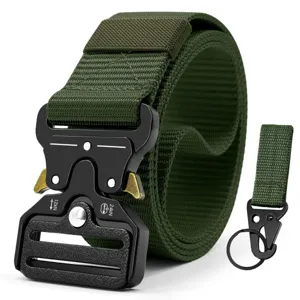 Military tactical nylon belt with metal quick release buckle and keychain in green color