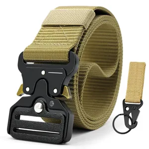 Tactical nylon belt with durable metal quick-release buckle for outdoor activities and daily wear.