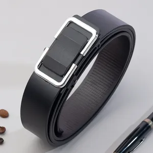 Detailed view of black men's casual TPU belt with stylish silver buckle on clean background.