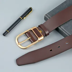 Men's dark brown PU leather belt with gold metal buckle, vintage casual stylish design.