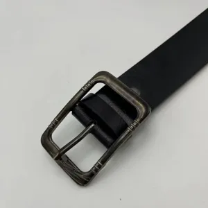 Men's casual black faux leather belt with vintage engraved metal pin buckle daily wear.