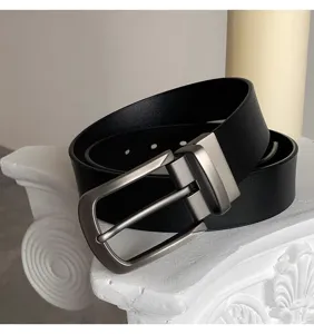 Men's business casual black leather belt with metal pin buckle, perfect detail shot.