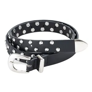 Ceinture femme en cuir PU noir avec double rangée de clous métalliques et boucle style rock