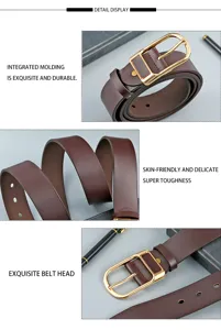 Brown leather belt with retro gold buckle, durable daily casual waist accessory for men.