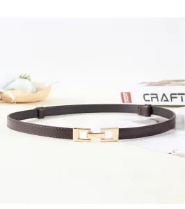 Vue détaillée d'une élégante ceinture fine marron foncé avec boucle dorée chic pour femme.