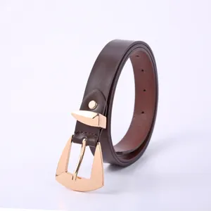 Women's brown casual thin belt with stylish gold metal buckle rolled up on white background