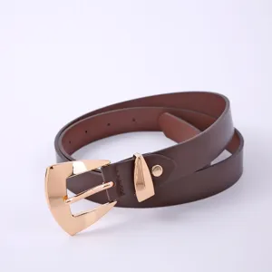 Stylish women brown belt with elegant gold buckle, perfect for casual and chic everyday wear.