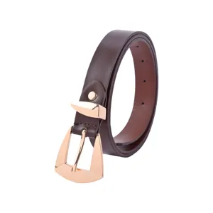 Stylish brown women belt with rose gold geometric metal buckle for daily casual wear.