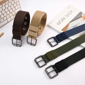 Casual multi-hole canvas belt with metal pin buckle for men and women, durable daily wear.
