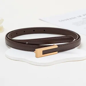 Gros plan d'une fine ceinture en cuir marron foncé avec boucle métallique dorée, vue détaillée.