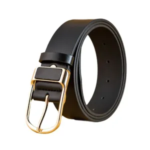 Men casual black PU leather belt with gold metal pin buckle minimalist style for jeans