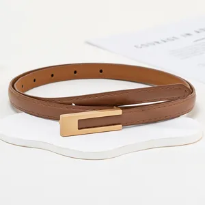 Vue détaillée de la ceinture fine marron pour femme avec une belle boucle dorée.