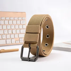 Canvas belt detail with khaki braided fabric and metal buckle for men casual wear.