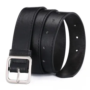 Women black leather belt with silver square buckle, minimalist casual waist belt for jeans main view