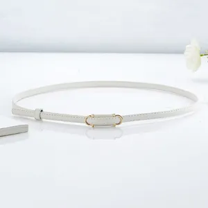 White thin PU leather belt for women, elegant minimalist waist accessory variant.