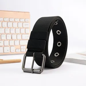 Black canvas belt for men and women with metal eyelets and pin buckle, versatile everyday style.
