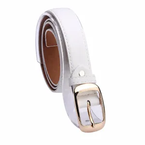 Close-up detail of a classic white leather fashion belt with a shiny gold metal buckle.
