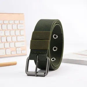 Army green canvas belt with metal pin buckle, casual multi-hole design for daily use.