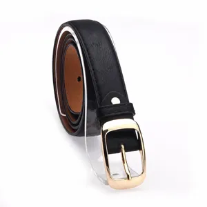 Black PU leather belt detail showcasing the glossy gold buckle and smooth texture.