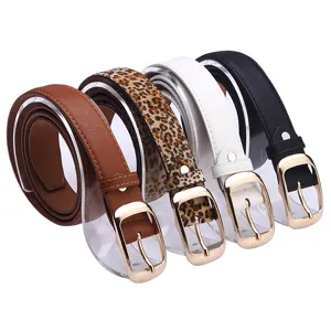 Women fashion PU leather belt set with brown leopard white and black colors gold metal buckle