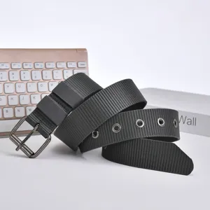 Men casual canvas belt with metal eyelets and pin buckle, dark grey trousers belt.