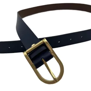 Elegant women's dress belt with golden pin buckle slim black PU leather waist accessory