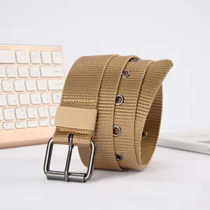 Khaki canvas belt with double pin metal buckle and eyelet holes for men and women.
