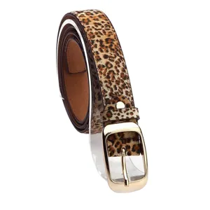 Leopard print fashion belt with gold buckle and transparent display stand for women.