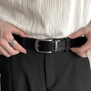 Men's genuine leather belt with pin buckle, classic black cowhide waist belt for daily wear.