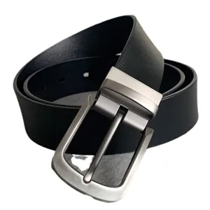 Men black leather belt with silver pin buckle classic casual business trousers waist belt