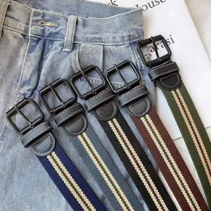 Women fashion canvas belt multi-color striped casual punch-free trouser waistband stylish
