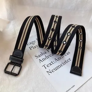 Women fashion casual canvas belt with metal eyelets and striped design for jeans daily wear.